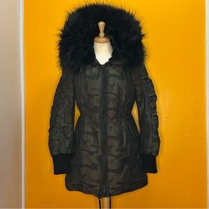 DKNY Faux-Fur-Trim Camo-Print Puffer Winter Coat - Size Medium